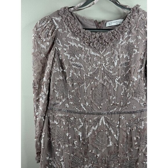 MAC DUGGAL 93595 Ruffle Neck Long Sleeve Sequin Midi Fitted Dress Mauve Size 14 - Picture 6 of 8